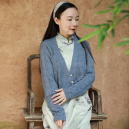 亂在江南文藝范針織短外套女春秋新品開衫鏤空古典氣質(zhì)毛衣 灰藍(lán)色 L