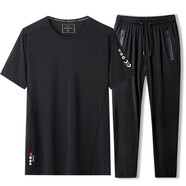 謙陌大碼短袖T恤男士加肥加大寬松t恤男夏季彈力冰絲速干運動(dòng)胖子汗衫 黑色套裝 6XL (220-240斤)