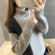 宜惜綺高領(lǐng)毛衣女加絨加厚打底衫秋冬季新款女士寬松可外穿毛針織衫上衣 灰加黑 均碼