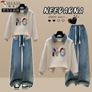 啄木鳥(niǎo)青春活力女裝套裝初中高中學(xué)生時(shí)尚減齡衛衣學(xué)院風(fēng)秋裝穿搭一整套 杏色衛衣+藍色牛仔褲 S