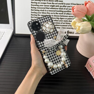 【原裝品質(zhì)】適用華為p50pocket手機殼手提折疊屏PocketS個(gè)性防摔手機保護殼套 【貼鉆花朵+5號珍珠手鏈】千鳥(niǎo)格皮套 華為 P50 Pocket/Pocket S通用