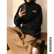 QGF奶系軟糯高領毛衣女秋冬季復古chic慵懶風學生寬松內搭針織衫女裝 黑色 M