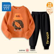 真維斯（Jeanswest）兒童套裝秋冬新款中大童加絨保暖長褲男女童圓領(lǐng)衛(wèi)衣加厚兩件套潮 【加絨套裝】橘黑色（毛線黃字） 110