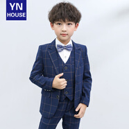 衣諾坊兒童西服套裝花童男童演出服西服休閑主持人禮服 藏青6:西服 西褲 馬甲 襯衫 配飾 130 （建議體重：42-54斤）
