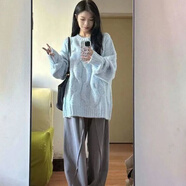 月袖奶系穿搭麻花針織衫毛衣女秋冬季溫柔韓系慵懶風(fēng)學(xué)生打底上衣 奶藍色 XL 115-125斤