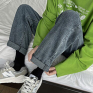 至唯牛仔褲男直筒寬松百搭九分褲子男潮流牌闊腿春秋冬季韓版休閑褲男 煙灰 L【推薦115-135斤】