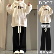 DOGHC13大童女裝春秋季套裝15中學(xué)生17少女生寬松連帽衛衣休閑闊腿褲潮 026白色連帽衛衣+黑色抽繩褲 套裝 春秋 薄款 150 (S) 【60-85斤內】