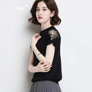 YXHK襯衫女夏品牌女裝夏季短袖T恤女半高領(lǐng)寬松上衣體恤薄 黑色 3XL