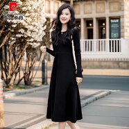 皮爾卡丹（pierre cardin）黑色針織連衣裙女2025秋冬新氣質(zhì)配大衣內(nèi)搭毛衣裙打底長裙小黑裙 黑色低領(lǐng) 長裙 S