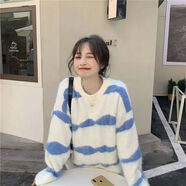 奶糯風(fēng)毛衣女日系慵懶風(fēng)復古軟糯系女2021新款設計感chic秋冬小眾寬松上衣 藍白毛絨 M