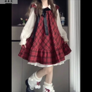 詩(shī)丹蕊甜莓櫻桃紅格紋套裝裙春秋新款少女感新年戰袍蝴蝶結背心連衣裙子 裙子+內搭 均碼【可備注碼數】