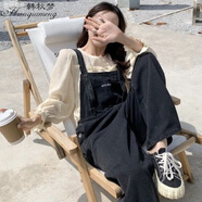 韓秋夢新款黑色牛仔背帶褲女春秋寬松減齡百搭bf可愛直筒闊腿長褲連體褲 黑色 M