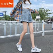 紅蜻蜓牛仔短褲女新款2025年夏季高腰外穿寬松女裝闊腿a字女士夏裝熱褲 藍(lán)色 L