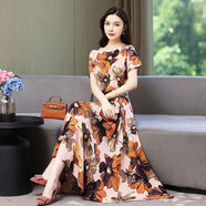 尚簡紛大花裙子夏裝棉綢連衣裙情侶修身過膝長裙氣質(zhì)闊太太印花大擺裙 1號色 2XL (建議110-125斤)