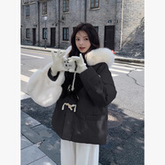 妍莉芬（yanlifen）紫色羽絨棉服女冬季2024新款大毛領(lǐng)加厚羽棉襖絨服面包服棉衣外套 黑色 M【推薦105-120斤】