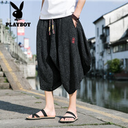 花花公子亞麻七分褲男中國風(fēng)刺繡棉麻褲大碼燈籠褲子寬松休閑短褲 黑色-闊腿 5XL