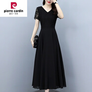 皮爾卡丹（pierre cardin）大I碼女裝遮肚子雪紡紗料連衣裙夏季2024新款媽I媽裙子顯瘦洋 黑色 2XL (建議120-130斤)