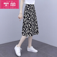皮爾卡丹（pierre cardin）冰絲雪紡半身裙女碎花年新款a字裙顯瘦高腰印花中長裙小雛菊花裙 黑底小雛菊 【后松緊腰】 L 建議【100-112斤】