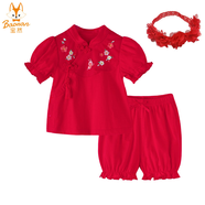寶然寶寶漢服套裝夏裝女童周歲衣服嬰兒抓周禮公主童裝紅色拜年服3236 3236【紅套裝+雪紡花發(fā)帶】 73cm