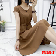 事思衣服女夏天的裙子時尚有口袋小個子純色棉綢連衣裙夏季時尚外穿顯 咖啡色 有口袋 XL 建議110-125斤