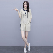 穆夏百合時(shí)尚休閑運(yùn)動(dòng)服兩件套套裝2025年夏季新款女裝士洋氣哈倫褲九分褲 米色短款 2XL