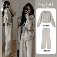 妍莉芬（yanlifen）衛(wèi)衣女裝春季2025年穿搭衣服一整套韓版休閑外套運(yùn)動(dòng)外套兩件套裝 卡其上衣+卡其闊腿褲 L【100-120斤】