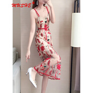MUSHE輕奢品牌女裝 小個子性感吊帶連衣裙女刺繡網(wǎng)紗2022夏裝新款海邊度假沙灘裙 紅色 S【建議85-100斤穿】