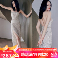 迪麗熱巴明星同款晚禮服輕奢吊帶露背魚尾長裙氣質鑲鉆釘珠連衣裙 圖片色 M
