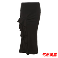 黛筱詩(shī)Sisjune新中式復古不規則荷葉邊拼接高腰半身裙設計感開(kāi)叉包臀裙 黑色 L