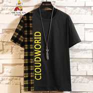 稻草人300斤特大碼男胖子短袖t恤寬松加肥超大號潮流拼色肥嘻哈半袖上衣 黑黃 3XL (胸圍130厘米210-230斤)