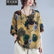 零點螞蟻胖人大碼女裝夏裝胖mm文藝復(fù)古印花棉麻t恤小衫加肥加大碼洋氣減齡遮肚子顯瘦上衣 圖片色 均碼【100-185斤】