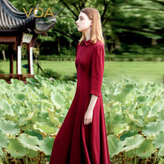VOA41姆米重磅真絲酒紅色花朵領(lǐng)七分袖側(cè)插口袋恬靜淑女連衣裙AE2335 條紋酒紅（H40） M