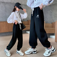 木依木花女童春秋運(yùn)動褲2025新款兒童秋季彈力褲子中大童女孩寬松休閑褲潮 1639款-黑色【春秋單褲】 170 cm