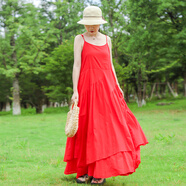 亂在江南海灘度假休閑木耳花邊棉質(zhì)吊帶長(cháng)裙純色簡(jiǎn)約夏季飄逸連衣裙 紅色 均碼