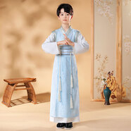 三象鯊S(chǎng)XS男童唐裝漢服夏裝男孩中國風(fēng)童裝新款兒童古裝女童國學(xué)演出服 天藍套裝 140cm