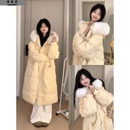 詩丹蕊韓系中長款毛領(lǐng)連帽羽棉襖絨服女大衣外套冬季寬松加厚保暖棉衣潮 黃色 均碼【可備注碼數(shù)】