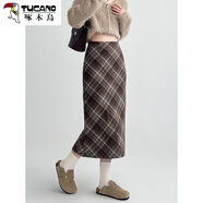 啄木鳥(niǎo)（TUCANO）格子半身裙女毛呢復(fù)古A字長(zhǎng)裙包臀秋冬季新款格紋半裙子咖色顯瘦. 咖色 卡碼可往小拍 L