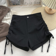 爵士舞服裝女歐美高腰深襠檔跳舞蹈短褲女黑色緊身包臀熱褲外穿下衣失蹤褲子 一扣抽繩款 M