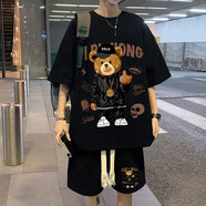 ABXA休閑運動套裝男士夏季嘻哈小熊短褲短袖體恤青少年大碼夏裝 黑色 2XL