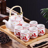 古笙記（GUSHENGJI）配竹托景德鎮(zhèn)陶瓷茶具套裝家用整套提梁壺中式泡茶壺茶杯子帶過濾 中國結(jié)(紅色喜慶)  7件 7件
