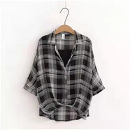 苜戈女裝2024年夏季新款洋氣雪紡蝙蝠短袖遮肚子顯瘦襯衫女上衣 黑色格(無(wú)吊帶 ) XL 建議120-150斤