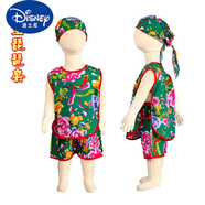 迪士尼（DISNEY）夏季棉綢兒童睡衣嬰兒背心男童馬甲兒童琵琶服短褲兩件套裝家居服 綠色牡丹 頭巾+琵琶套 100 cm