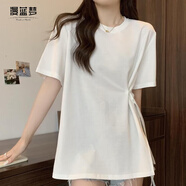 漫藍(lán)夢(mèng)胖mm特大碼300斤正肩中長(zhǎng)款收腰短袖T恤女設(shè)計(jì)感小眾開(kāi)叉遮肚上衣 白色 XL 建議120-150斤
