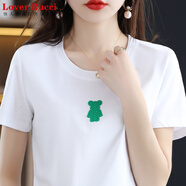 LOVER RUCCI白色絲光棉短袖t恤女燙鉆夏季圓領半袖修身2025新款純棉體恤上衣 白色BV熊 L