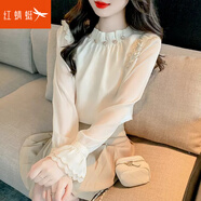 紅蜻蜓襯衫女法式荷葉邊長袖雪紡衫女2025年秋季新款女裝上衣女士小衫 米杏色 L