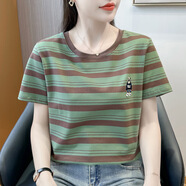 紅粉宣言（HOFESOWEN）條紋T恤女短袖寬松顯瘦2024夏季新款休閑上衣 綠色 L