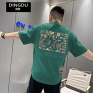 鼎度（DINGDU）重磅純棉短袖t恤男復古印花民族風大碼半袖上衣男生衣服男裝夏季 墨綠色 XL 125-140斤