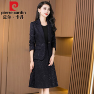 皮爾卡丹高檔品牌女裝小香風(fēng)連衣裙女秋冬氣質(zhì)名媛貴夫人闊太太毛呢西裝兩件套套裝顯瘦針織 藏藍色 L 【適合106-115斤】