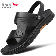 紅蜻蜓 男士皮涼鞋男新品沙灘鞋真皮軟面軟底防水拖鞋兩用休閑爸爸男鞋 黑色 41
