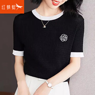 紅蜻蜓冰絲圓領(lǐng)短袖t恤女夏裝夏季新款正肩體恤顯瘦內(nèi)搭上衣夏薄款 黑色短袖 均碼 （適合80-135斤）